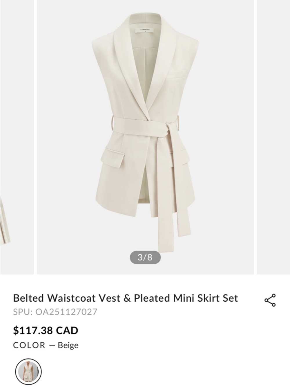 Commense Beige Belted Waistcoat Vest & Pleated Mini Skirt Set - Picture 3 of 3